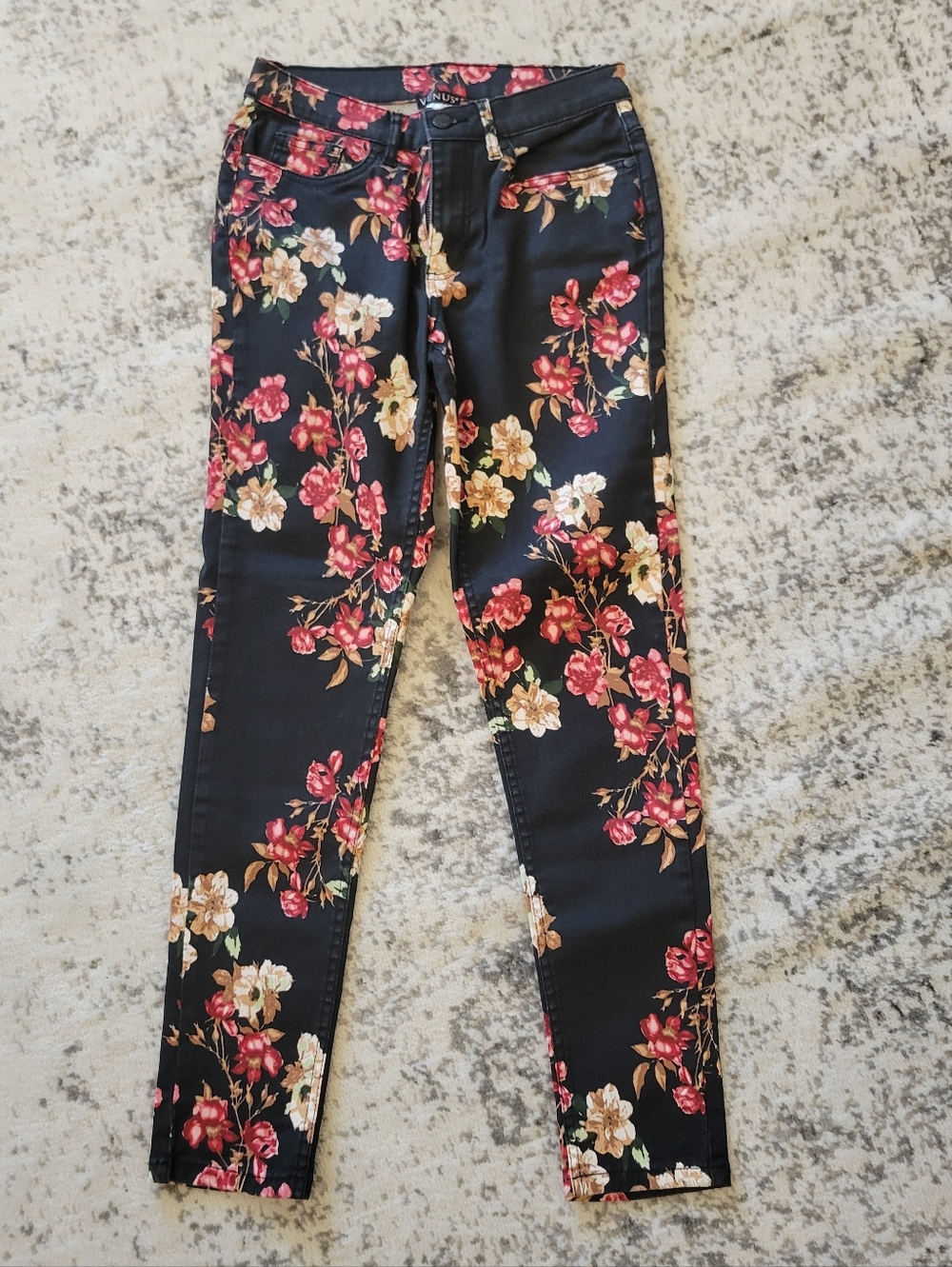 Black Floral Skinny Jeans - Pink & Cream Blossoms